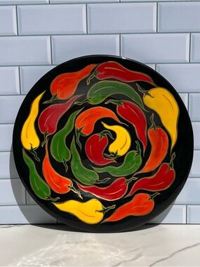 Hand Painted Mexican Talavera Ceramic Plate  Caliente Chili Pepper Folk Art